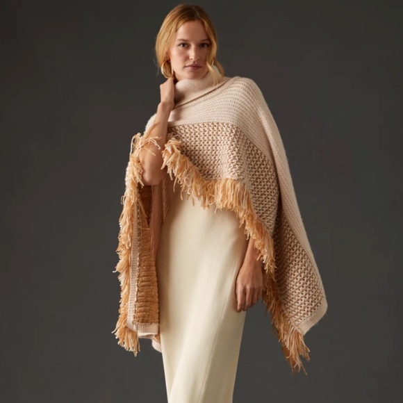 Anthropologie Sweaters - Anthropologie Hybrid Cropped Poncho Sweater – Cream Fringe Knit Turtleneck OS EU